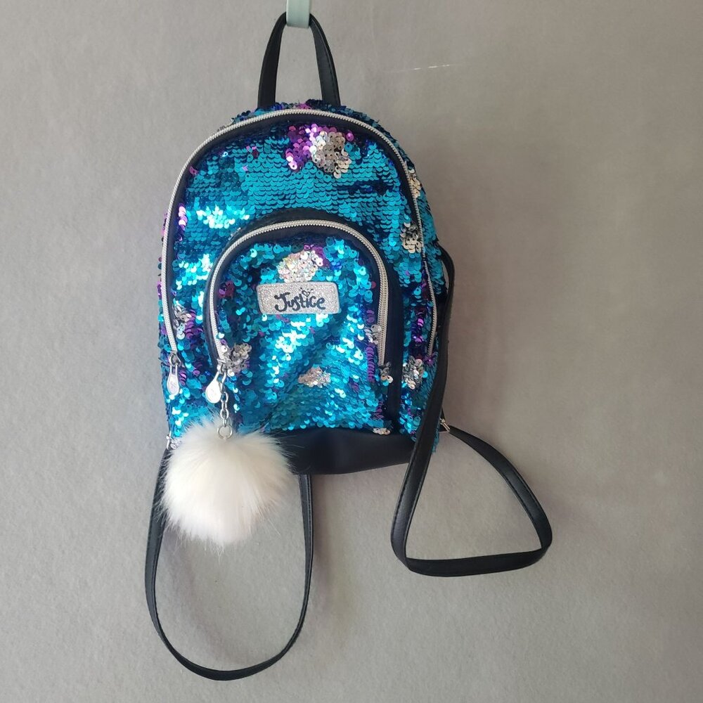 Justice Girls Mini Backpack Blue Purple Silver Color Change Sequin White Pom
